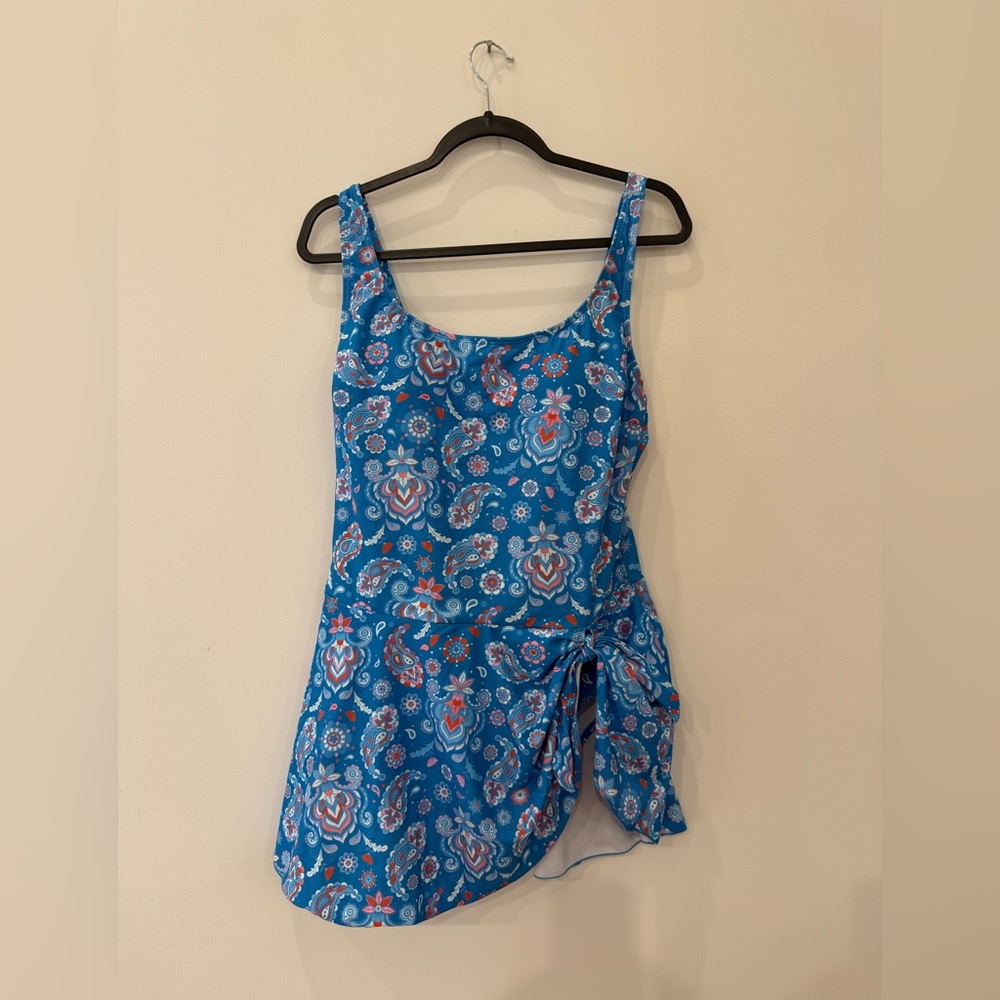 Blue Floral One-Piece Swimdress with Side Tie